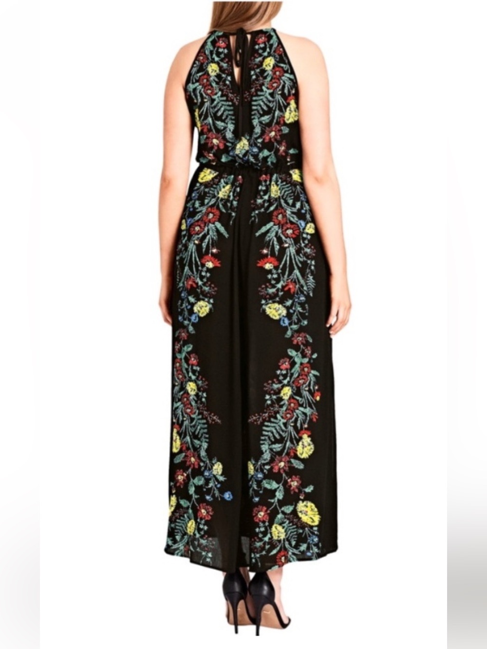 City Chic Black Halter Maxi Dress with Multicolor Floral Embroidery - Picture 2 of 6